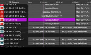 Electronic program guide interface grid displaying live channel timelines and tv show info via epg data