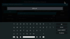 Software settings field on a television screen showing where to type and save a custom streaming epg url