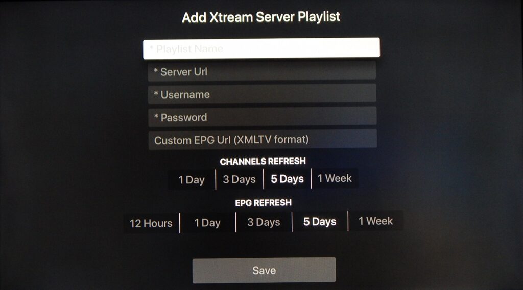 Playlist type selection screen with Xtream API and M3U options on an iptv box app