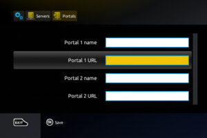 Portal configuration form with name and URL text fields on an iptv box