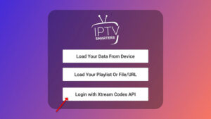 Main welcome screen and API login selection on the iptv smarters pro application