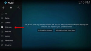 Software program window showing client addon settings and repository options inside the kodi addons list