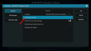 Media player application input field highlighting the directory path to insert a remote m3u url link