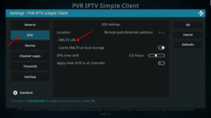 Advanced configuration settings screen showing the data input field for a remote xmltv url guide path