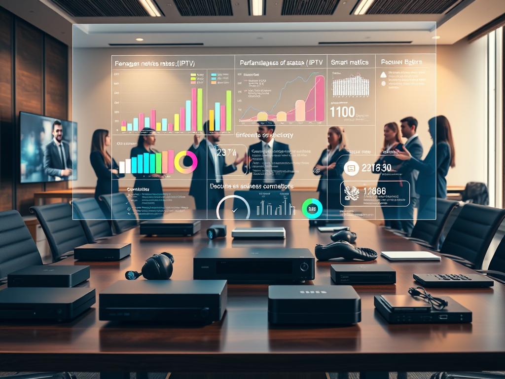 A bustling office scene with an executive conference table in the foreground. On the tabletop, various devices representing IPTV services are displayed, including sleek set-top boxes, smart TVs, and mobile devices. In the middle ground, a large holographic projection showcases a data visualization comparing the performance metrics of IPTV trends against competitors. The projection displays colorful charts, graphs, and infographics, highlighting the advantages and growth trajectories of the IPTV industry. In the background, a team of professionals in business attire are engaged in lively discussions, gesturing towards the holographic display. The lighting is warm and professional, with soft shadows and highlights accentuating the technological and collaborative atmosphere. The composition emphasizes the centrality of the IPTV data and the focused attention of the team, conveying the impression of a dynamic, data-driven decision-making process.