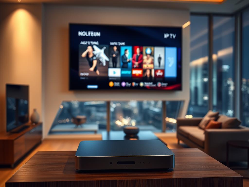 A living room setting with a large flatscreen smart TV mounted on the wall, displaying a sleek and intuitive IPTV interface. In the foreground, a slim and modern IPTV<a href=