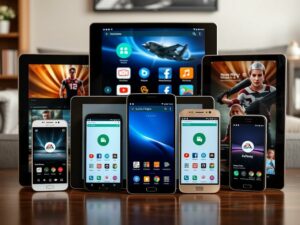 A high-quality, photorealistic image of several popular Android IPTV player apps displayed on a variety of modern Android smartphones and tablets. The devices are shown in a natural setting, such as a living room or office, with soft, diffused lighting highlighting the clean, intuitive user interfaces of the apps. The arrangement of the devices creates a balanced, symmetrical composition that conveys a sense of organization and professionalism. The overall mood is one of accessibility, functionality, and technological sophistication.