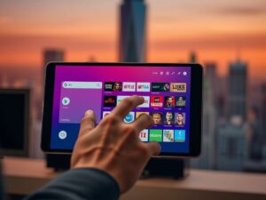 A sleek, modern Android device displaying a vibrant IPTV app interface. The app features a clean, minimalist design with a bold color scheme and intuitive navigation. In the foreground, a user's hand interacts with the touchscreen, seamlessly accessing a vast library of live TV channels and on-demand content. The background showcases a blurred city skyline, hinting at the global connectivity and accessibility of the IPTV service. Warm, diffused lighting creates a refined, premium atmosphere, reflecting the app's cutting-edge technology and user-friendly experience. The overall composition conveys the rise of IPTV apps as a transformative force in the 2025 streaming landscape.