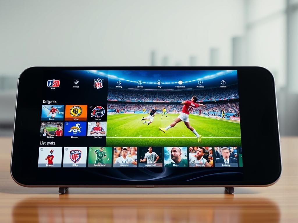 A high-definition sports streaming service interface showcased on a modern and sleek digital device. In the foreground, an array of popular sports categories, team logos, and live event thumbnails are elegantly arranged. The middle ground depicts a dynamic sports highlight reel playing seamlessly on the device's screen, capturing the excitement of the game. The background features a subtly blurred cityscape, hinting at the global accessibility and reach of the streaming platform. The lighting is natural and balanced, creating a visually appealing and immersive user experience. The overall mood is one of professionalism, innovation, and a passion for sports.