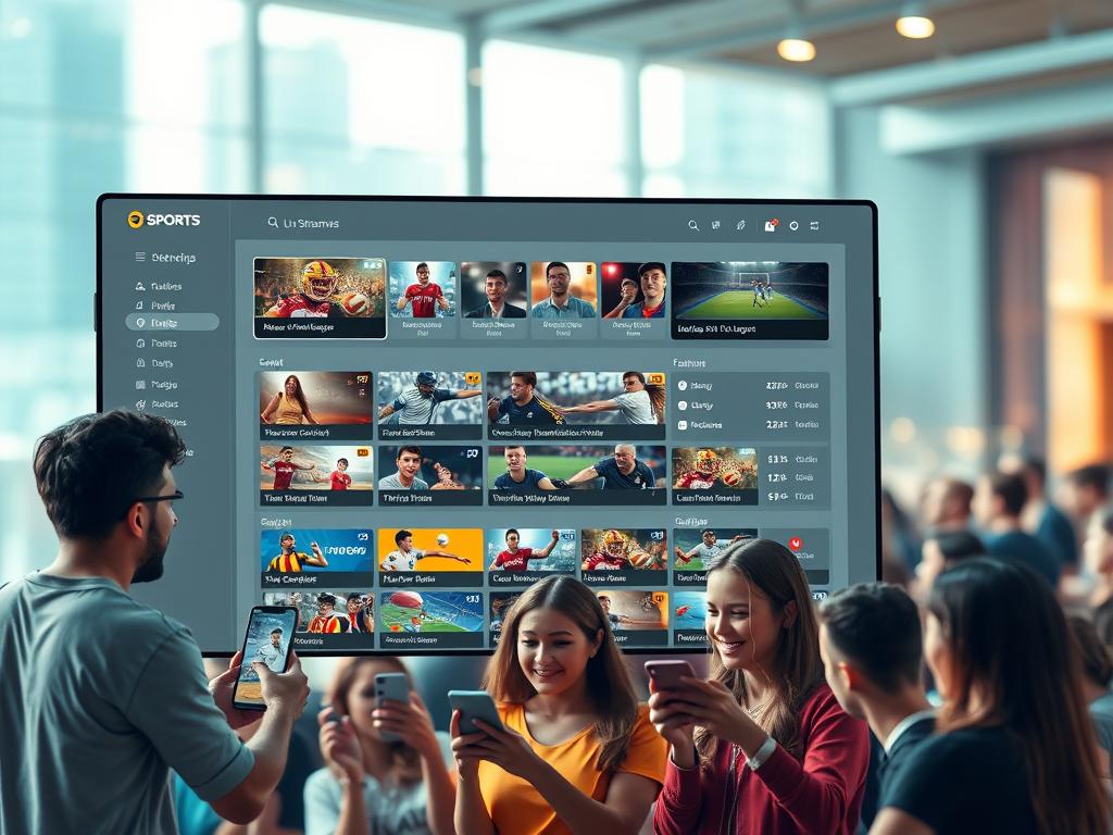A high-quality, cinematic rendering of a modern sports streaming service, showcasing its impressive features and user-friendly interface. A sleek, minimalist dashboard is prominently displayed, with a grid of live sports events, statistics, and intuitive navigation controls. In the foreground, a group of diverse sports fans enthusiastically engage with the service on their devices, their expressions conveying the excitement and satisfaction of accessing their favorite teams and events. The background features a blurred, dynamic cityscape, alluding to the global reach and accessibility of the streaming platform. Soft, warm lighting and a vibrant color palette create an inviting and immersive atmosphere, highlighting the service's ability to deliver an exceptional sports viewing experience.