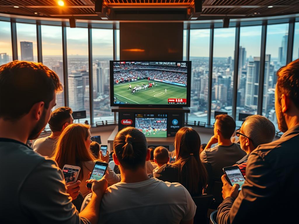 A high-quality sports streaming service, captured in a dynamic, visually striking scene. In the foreground, a group of sports fans intently watching a live game on their devices, their expressions filled with excitement and anticipation. The middle ground features a sleek, modern media hub, with a large screen displaying the sporting event in vivid detail, surrounded by various streaming service logos. The background showcases a vibrant, urban cityscape, hinting at the global reach and accessibility of these platforms. Warm, golden lighting casts a sense of energy and vitality, while the composition emphasizes the seamless integration of technology and the shared passion for live sports.