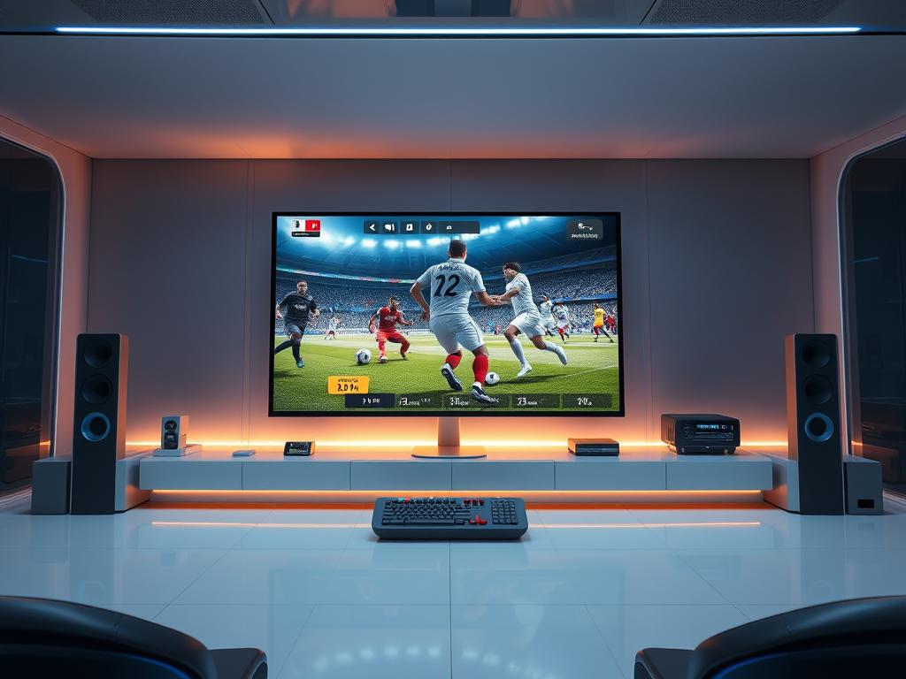 A live sports streaming service in a modern, high-tech setting. Sleek, futuristic interface with intuitive controls and real-time data overlays. Prominently featured is a large, high-definition screen displaying a thrilling sports event, with players in sharp focus and vibrant colors. The background showcases a clean, minimalist design with accents of metallic and glass, conveying a sense of sophistication and technological advancement. Subtle lighting emanates from behind the screen, creating a warm, immersive atmosphere. The overall composition captures the excitement and convenience of live sports streaming, inviting the viewer to experience the dynamic energy of the event.
