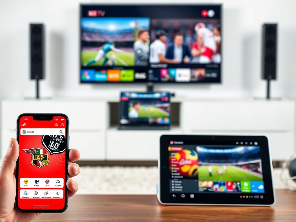 A well-lit, dynamic image showcasing various sports streaming apps on modern devices. In the foreground, a smartphone and tablet display vibrant app interfaces with live sports events, team logos, and intuitive controls. The middle ground features a laptop computer and smart TV, each streaming different sporting events in high definition. The background subtly depicts a sleek, minimalist home entertainment setup, with clean lines and muted colors that complement the technology. The overall scene conveys a sense of convenience, accessibility, and immersion in the world of sports streaming.