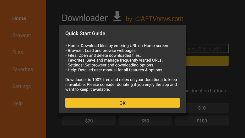 Television dashboard showing a modal window highlighting the confirmation option to click OK during an iptv setup
