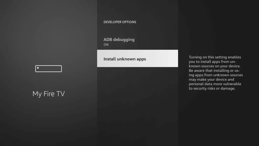Device security management window displaying the active toggle for installing unknown applications during an iptv setup