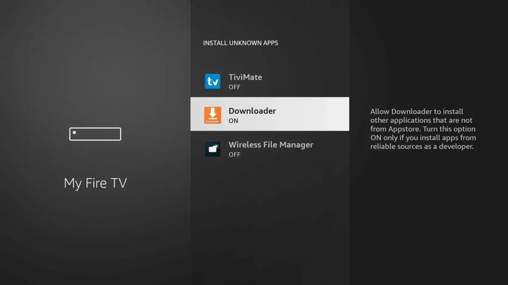 Device preferences screen showing the active switch to turn on Downloader installer rights for an iptv trends application