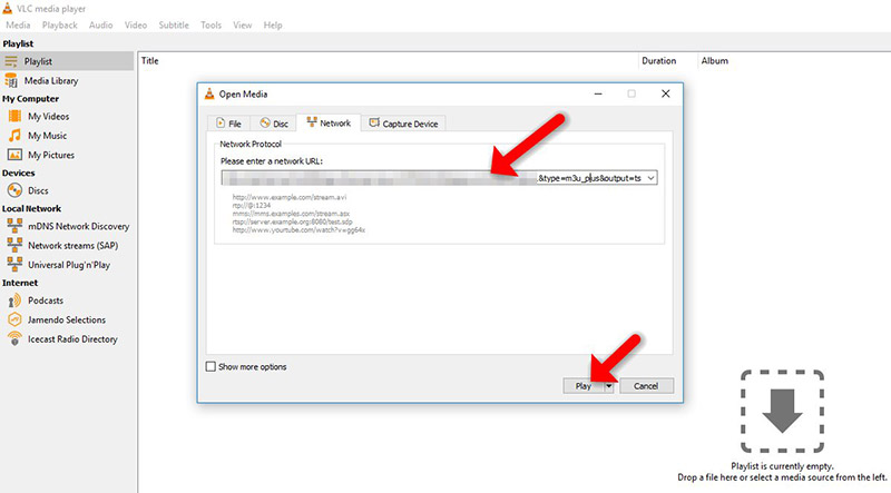 Playlist search input field being used to filter specific channel names inside the directory of vlc media player