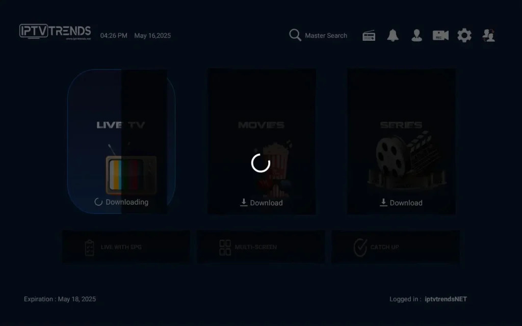 Streaming interface displaying a progress indicator showing the active app channels download status during an iptv setup