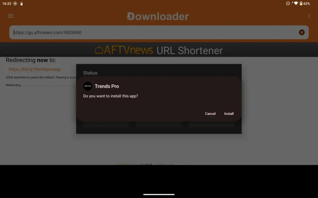 Android system installation prompt highlighting the active action install button component during an iptv setup