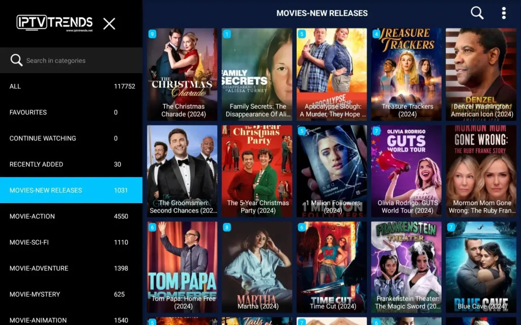 Streaming directory home screen highlighting the on-demand section for cataloged iptv movies