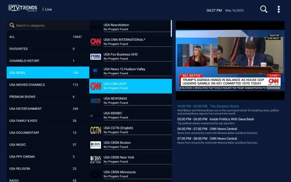 Streaming directory interface displaying categorized live TV channels and electronic program guide inside the iptv trends app