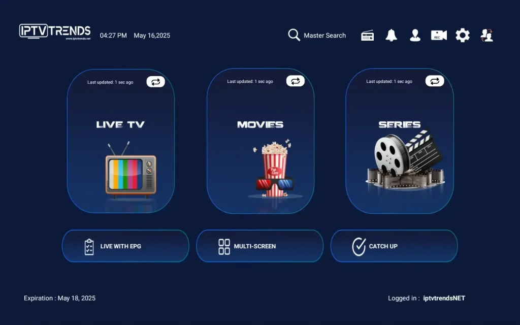 Main media dashboard highlighting the direct access menu for live TV categories inside an active iptv setup
