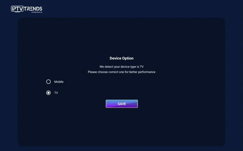 Application configuration interface highlighting the confirmation option to save app profiles during an iptv setup