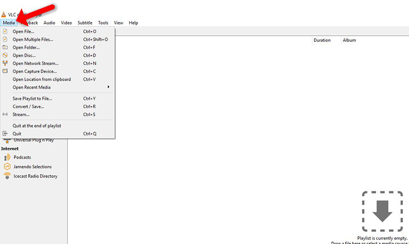 Software interface displaying the media playlist dropdown option within the vlc media player environment